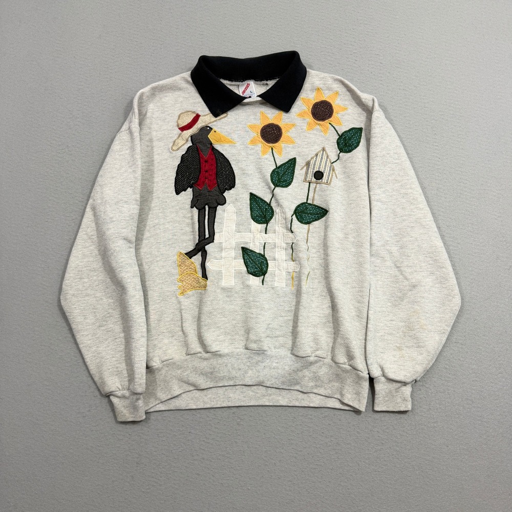 Vintage Sweatshirt Womens Large Gray Crow Sunflower Collared Pullover Fall 90s